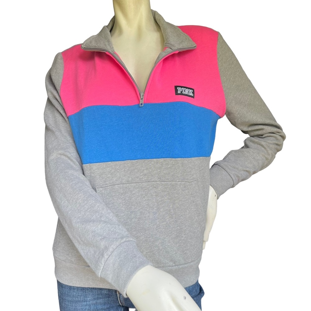 Victoria's Secret Pink Blue Gray & Pink Striped Quarter Zip Sweatshirt Small